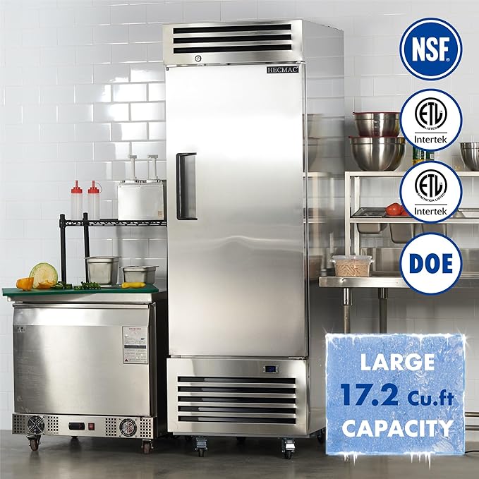 HECMAC 27" Commercial Freezer, 23 Cu.ft Reach-In Upright Fridge with Solid Door, -8 to 0℉, 18-8 Stainless Steel Interior, 3 Shelves, ETL&NSF/ANSI 7 for Restaurant, Bar, Shop, Kitchen Use