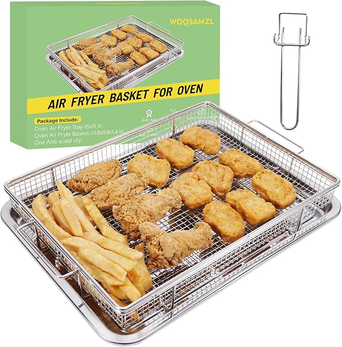 Extra Thick Air Fryer Basket for Full Size Oven,2 PCS-Set,Air Fry Basket & Crisper Tray Pan,Easy Cleaning and Crispy Results,Stainless Steel Air Fryer Accessories,with one Removable Handle,15''×11''