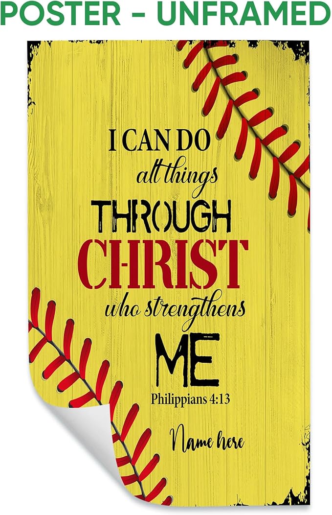 Personalized Softball Poster & Framed Canvas, I Can Do All Things Through Christ Bible Verse - Philippians 4:13 Home Office Decor, Custom Name Bedroom Living Room Aesthetic Wall Art