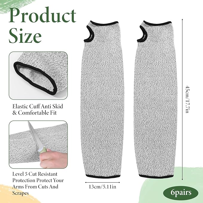 SHENLIU 6 Pair Cut Resistant Arm Sleeve with Thumb Hole, 18 Inches Forearm Protection Sleeves Level 5 Protection Bite-Proof Arm Protectors Safety Arms Guard for Men and Women Farmer Gardening (Gray)