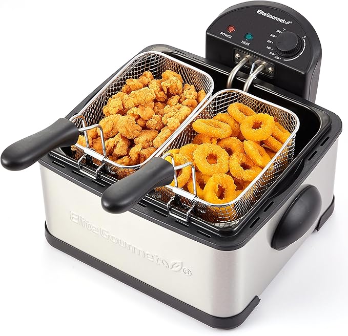 Elite Gourmet EDF434 Electric Deep Fryer 4.5 Quart Oil Capacity with Temperature Knob, 2 Baskets, Powerful 1700 Watts, Lid with Anti-Odor Filter & Viewing Window, Stainless Steel