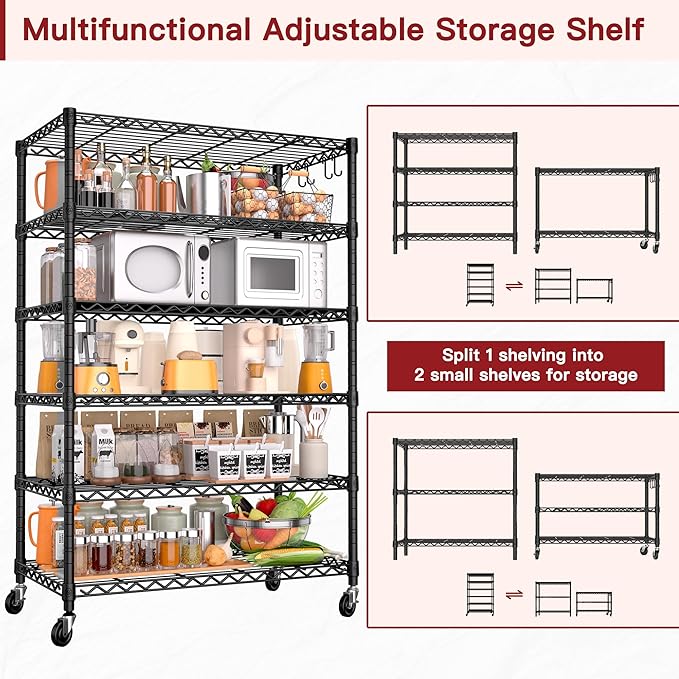 PrimeZone 6 Tier Wire Shelving with Wheels 78''H 1500lbs Storage Shelves NSF Certified Heavy Duty Steel Metal Shelf Adjustable Rolling Rack Kitchen Garage Closet Pantry Laundry 78''HX36''WX18''D