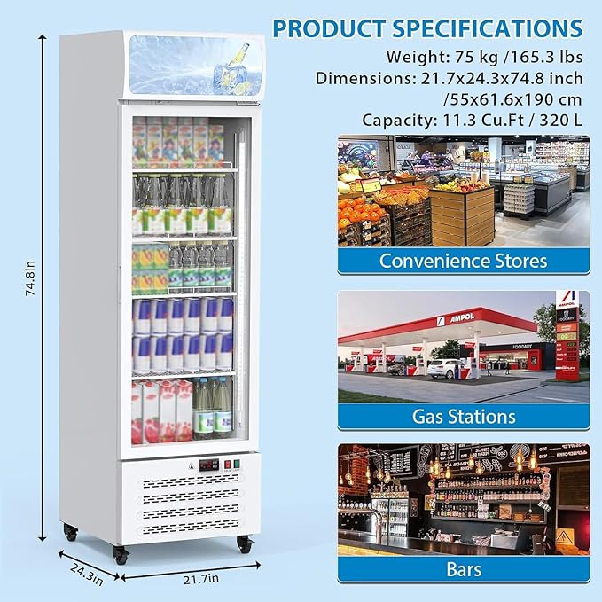 Commercial Display Refrigerator with Single Glass Door, 11.3 Cu.Ft Upright Beverage Cooler with Adjustable Shelves, Soft LED Lighting, Merchandiser Fridge for Home, Restaurant, and Garage, White