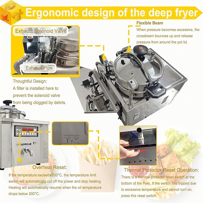 16L Commercial Pressure Fryer, 220V 3000W Electric Countertop Deep Fryer with Digital Control Panel, 304 Stainless Steel Frying Basket with Handle for Chicken Wings Chips Fishes Meatballs
