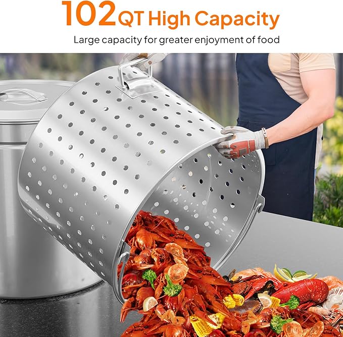 ROVSUN 102QT Stainless Steel Seafood Boil Pot With Strainer Basket, Lid & Hook, Versatile Stock for Crab, Lobster, Shrimp Boiling, Heavy-Duty Turkey Fryer for Outdoor Cooking & Gatherings