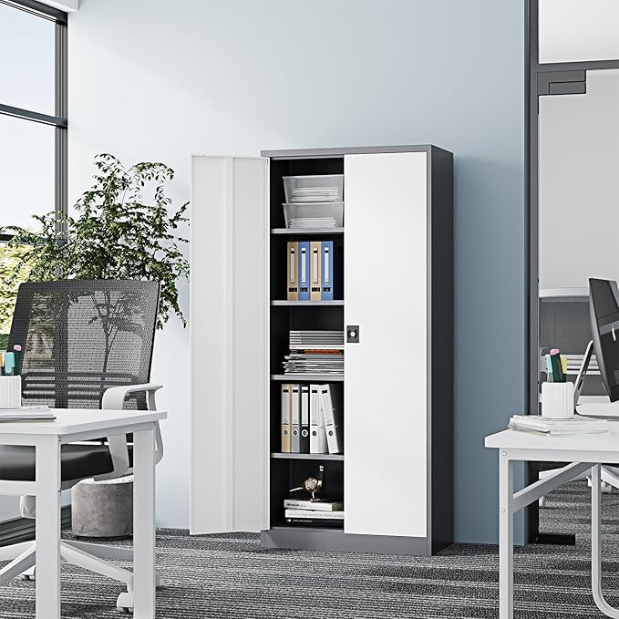 Metal Storage Cabinet-72” Tall Steel File Cabinets with Lockable Doors and Adjustable Shelves-White&Gray Steel Storage Cabinet for Home Kitchen, Office, Garage