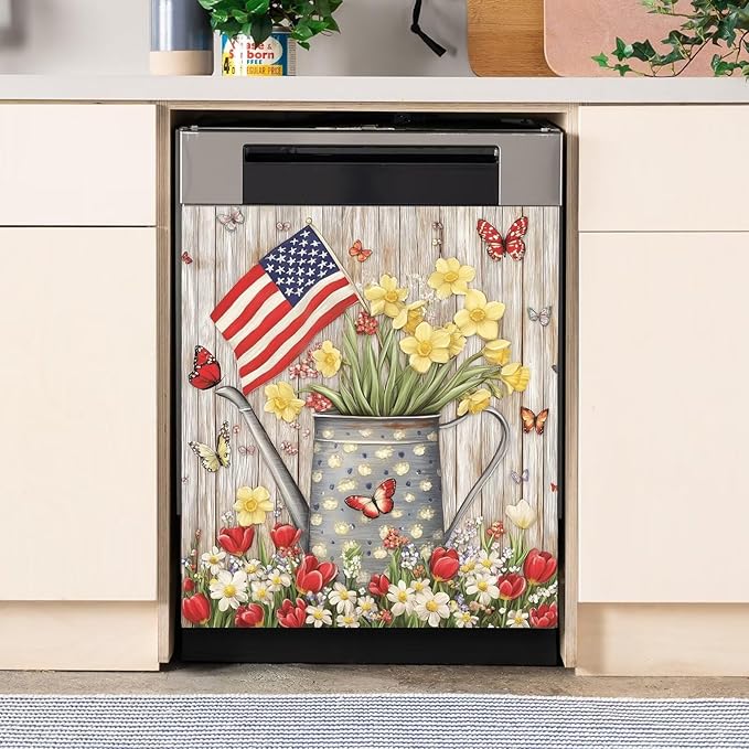 Patriotic American Flag Dishwasher Magnet Cover,Pastoral Flowers Butterfly Magnetic Dishwasher Cover Vinyl Sticker,Fridge Door Cover Magnets Art Skin Panel Decal,Home Decor Decal,23"X26"