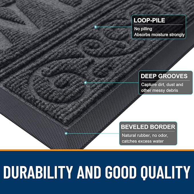 OLANLY Welcome Door Mat Indoor Outdoor Entrance, Heavy Duty Sturdy Front Door Mat, Waterproof All-Weather Doormat, Stain Resistant, Low Profile, Easy Clean Patio Entryway Mat, 47 x 32, Medium Grey