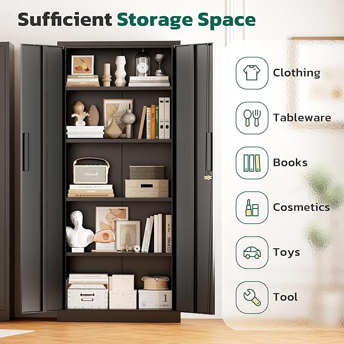 Greenvelly Metal Storage Cabinet, 63" H Locking Metal Storage Cabinet with Doors and 4 Shelves, Lockable Steel Cabinets for Kitchen, Bedroom, Living Room, Office (Black)