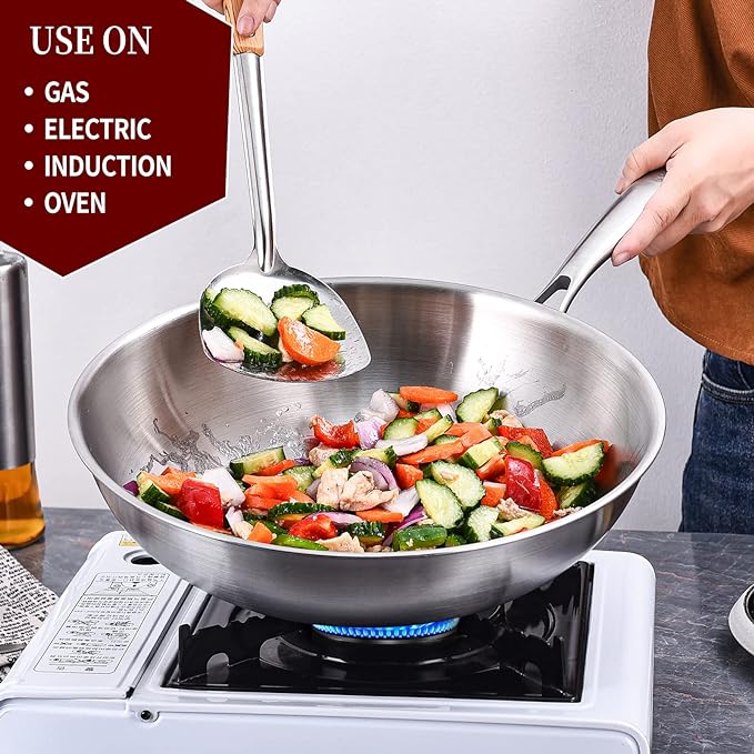 LOLYKITCH 12 Inch Tri-Ply Stainless Steel Wok Pan with Lid,Induction Stir-Fry Pan,Dishwasher and Oven Safe,Heavy Duty and Detachable Handle