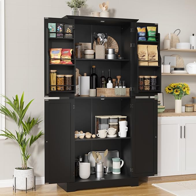MHOM 71" Tall Pantry Cabinet, Farmhouse Kitchen Storage Cabinet with 6 Hanging Shelves and Adjustable Shelves, Freestanding Cupboard for Kitchen & Dining Room, Black