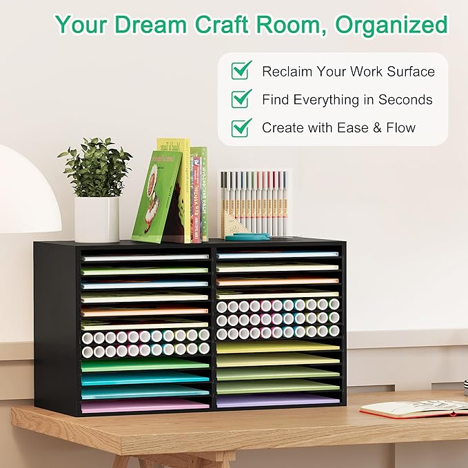 EasyPAG Scrapbook Paper Storage Organizer for Craft Room, 12x12 Paper Storage Desk Shelf, 24 Slot Adjustable File Sorter for Office School Classroom, Black