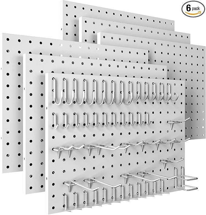 Peg Board, 6 Pack Metal Pegboard Panels White Pegboards Wall Organizer with 50 Hooks, Heavy Duty Peg Board for Walls Home, Garage Tool Storage, Office Organization, Craft Room, Kitchen