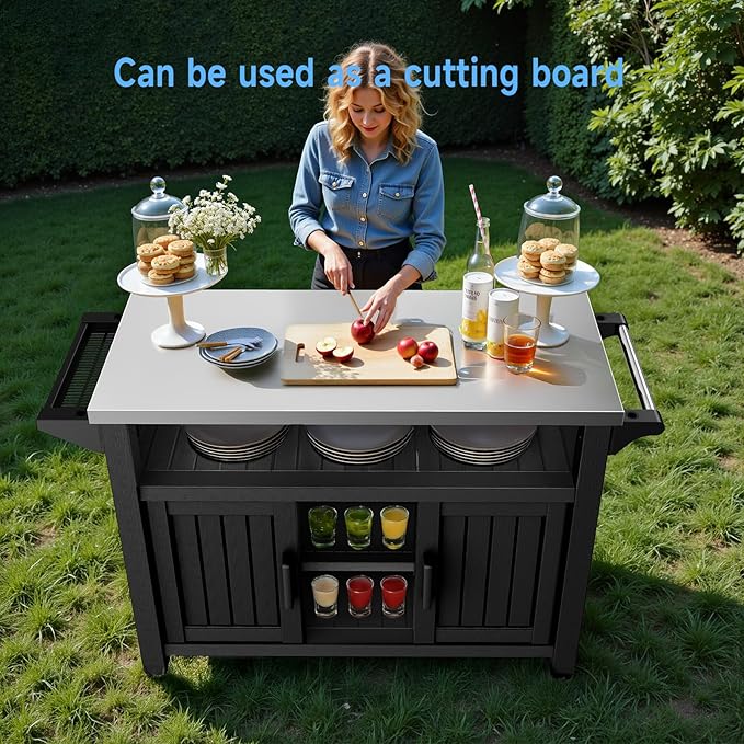 54" Portable Outdoor Table with Stainless Steel Top - Heavy Duty Resin BBQ Grill Cart & Pizza Oven Stand - All-Weather Kitchen Prep Station with Large Storage Cabinet & Smooth Wheels, Black