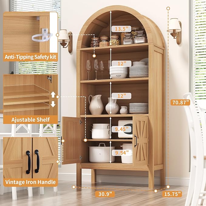 71" Tall Arched Cabinet with Storage, Farmhouse Arched Display Bookcase Cabinet with Door and Adjustable Shelves, Arch Bookshelf Storage Pantry Cabinets for Living Room, Kitchen