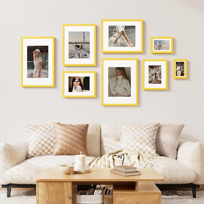 Vittanly 11x14 Picture Frame Set of 2, Solid Wood Frame for Wall Art Photo and Prints, Display Photo 8x10 with Mat or 11x14 without Mat, Yellow