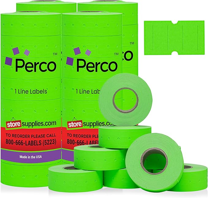Perco 1 Line Fluorescent Green Labels - 32 Rolls, 4 Sleeves, 32,000 Blank Price and Date Gun Labels for Perco Lite, X, Plus and Pro 1 Line Price and Date Guns - Made in USA