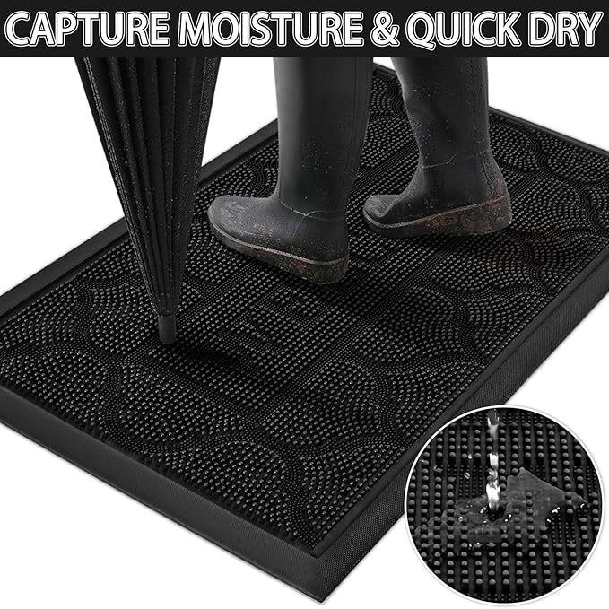 FRAMICS Front Door Mat Outside Entrance, Heavy Duty Rubber Door Mats Outdoor Welcome Mat Waterproof Doormat Non Slip for Entryway Doormats Dirt Trapper Indoor Mats All Seasons, 17 x 30 Inches, Black