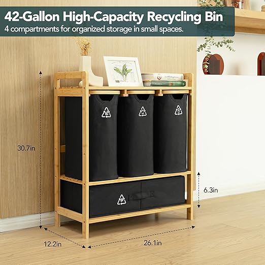 4 Section Recycling Bin for Kitchen – Dual Trash and Recycle Bins for Paper, Plastic, Cans – Indoor Bamboo Recycling Organizer – Decorative Wooden Recycle Bins for Kitchen & Office