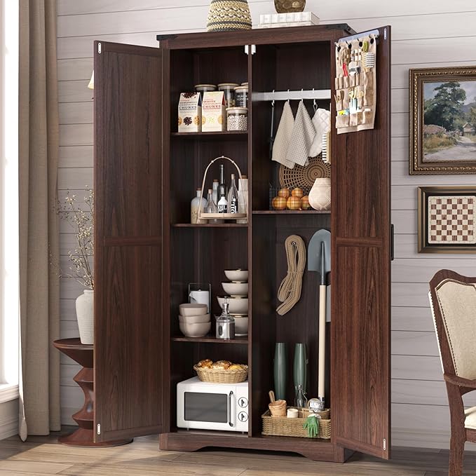 Tall Storage Cabinet with Adjustable Shelves, Farmhouse Pantry Organize with 2 Barn Doors, Large Freestanding Cabinet for Kitchen, Garage, Basement, Living, Utility Room, Brown