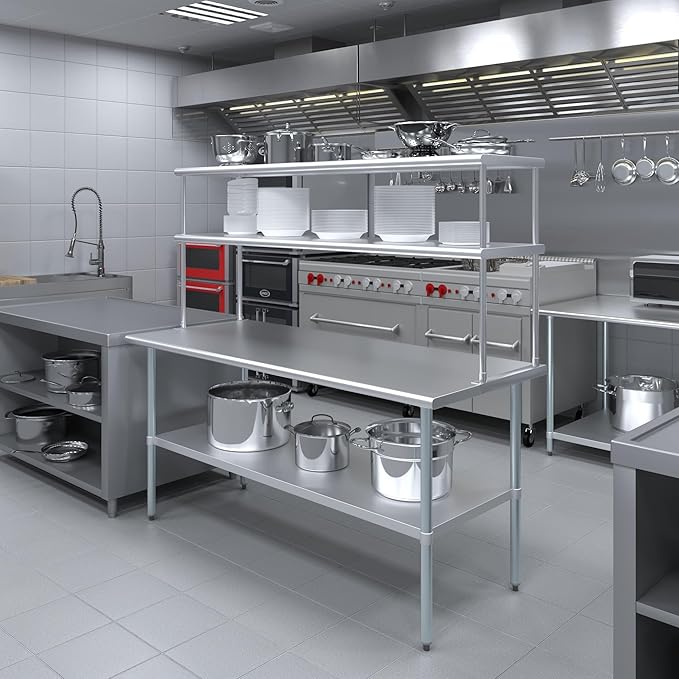 Amgood Stainless Steel Work Table Double Tier Overshelf | 30" x 72" Work Table + 18" Overshelf