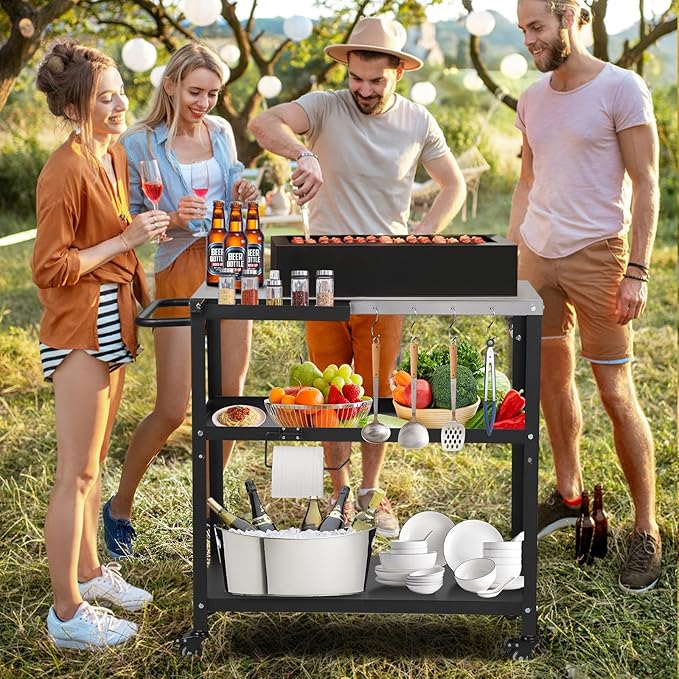 Outdoor Grill Cart Table,Indoor and Outdoor Pizza Oven Table,with 4 Movable Total Lock Casters, Hooks, Side Handle Multifunctional (Black) (Stainless Steel)