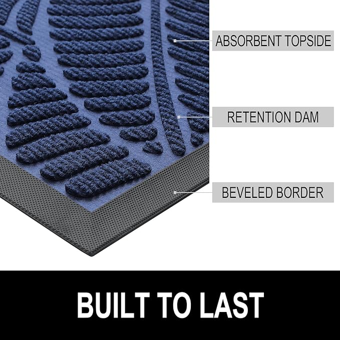 Colorxy Waterproof Doormat, Sturdy Natural Rubber Front Indoor Mat, Non Slip Low Profile Indoor Outdoor Door Mats, Stain and Fade Resistant Floor Mat, Easy Clean Patio Entrance Mat, 30''x17'', Navy