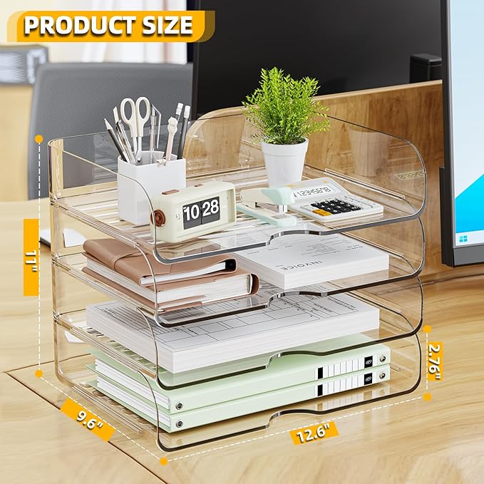 HIYOHIYO 4 Tier Clear A4 Paper Organizer, Acrylic Desktop Organizer for A4 File, Stackable Papers Tray for Office, Large Capacity Desk Letter Holder, Stackable Paper Storage Rack, Horizontal Style