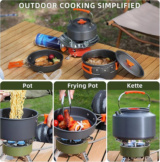 aiGear Camping Cooking Set Cookware Mess Kit with Storage Bag Pot Pan and Teapot Set Camping Accessories for Outdoor Camping Hiking Picnic Portable and Lightweight Aluminum Color Green,Black,Orange