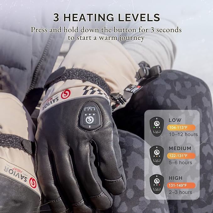 SAVIOR HEAT Heated Gloves for Men Women, Rechargeable Electric Heated Leather Skiing and Snowboarding Gloves
