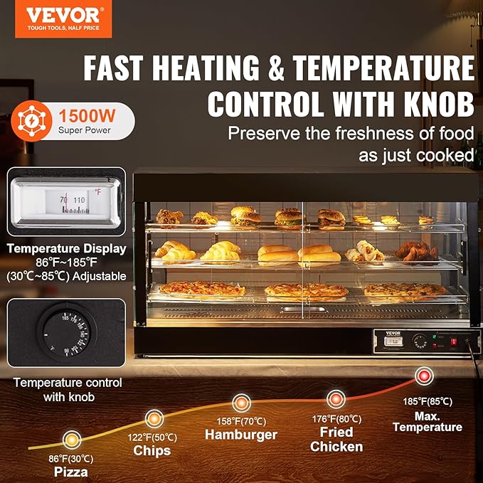 VEVOR 3-Tier Commercial Food Warmer Display, 1500W Food Display Warmer with Light, Adjustable Shelf and Temperature Display, 86℉~185℉ Steam Heating, 180L for Hamburger, Pizza, Bread, Fried Chicken