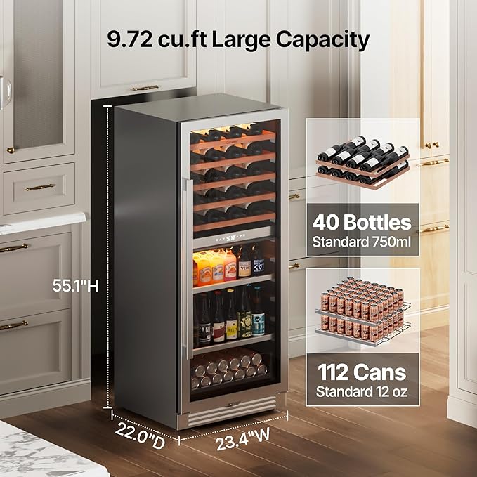 Ca'Lefort 24 Inch Wine Fridge - 112 Can & 40 Bottle Dual Zone Wine Cooler with Glass Door, 34-65°F Quiet Refrigerator with Bottom Drawer 3 LED Light Built-in for Home/Bar/Kitchen Right-Hinged Door