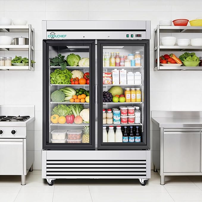 COOLCHEF 54" Commercial Glass Door Refrigerator, 49 Cu.Ft Double-Door Reach-In Cooler, 33–40℉, Double-Layer Low-E Glass, 8 Shelves, R290