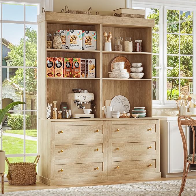 71" Tall Farmhouse Kitchen Pantry, Large Storage Cabinet with Drawers, Freestanding Coffee Bar Hutch with Microwave Stand, Adjustable Shelves for Kitchen, Living Room, Brown 2 Pcs