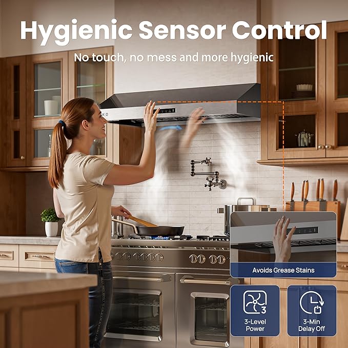 Range Hood 36 inch,1.5 Sones Quiet for Stove Vent Hood,Black Stainless Steel (PVD) Kitchen Exhaust Hood with 1200 CFM, Hood Vent with 3 Speed Gesture Sensing&Touch Control Panel