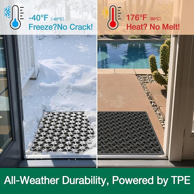 LUMI Outdoor Doormat 19x30, Front Door Mat Outside Entrance, Heavy Duty Rubber Welcome Exterior Door Mat Non Slip Waterproof, Outdoor Rubber Mats with Drainage Holes, Easy Clean Entryway Mats, Black