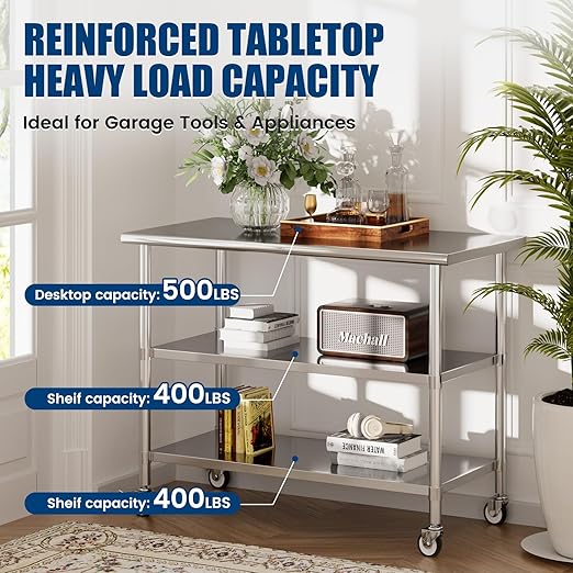 Stainless Steel Work Table with Wheels, 24x60 Inch NSF Kitchen Prep Table with 2 Adjustable Undershelves for Commercial Restaurant, Garage, Outdoor BBQ