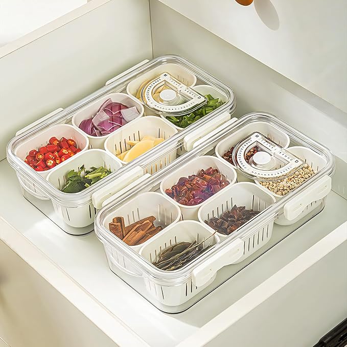 MineSign Divided Food Serving Tray with Lids Stackable Snackle Box for Candy Nuts Spice Fruit&Veggie Container with 6 Small Dividers Plastic Storage Bins for Fridge Pantry Freezer