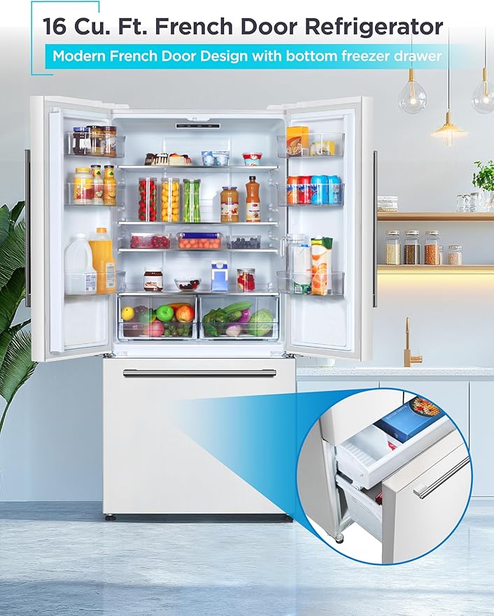 BLACK+DECKER 16 Cu. Ft. French Door Refrigerator with Built-in Ice Maker, Full Size Refrigerator with Bottom Mount Freezer Drawer, ENERGY STAR certified, White