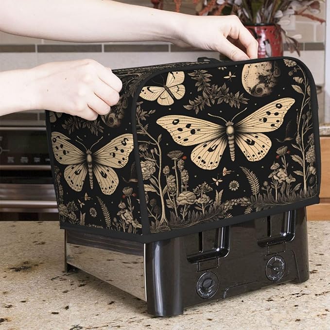 Toaster Cover 2 Slice Vintage Gothic Floral Moon Butterfly Waterproof Appliance Cover with Hang Loop Bread Baker Toaster Cover for Kitchen