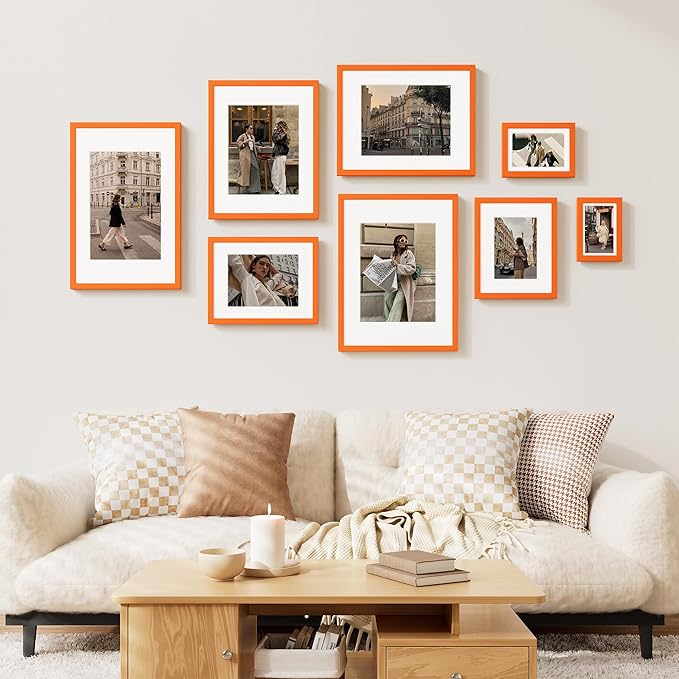 Vittanly 8x10 Picture Frame Set of 2, Solid Wood Frame for Wall or Tabletop, Display Photo 5x7 with Mat or 8x10 without Mat, Orange