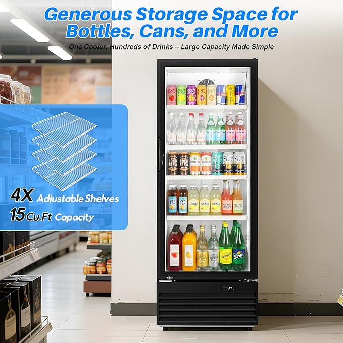 Commercial Beverage Refrigerator, 24.5" Glass Door Display Fridge, 15 Cu.Ft Freestanding Beverage Cooler with 4 Adjustable Shelves, Auto Rebound Door, Low Noise, for Shops, Restaurants & Bars, Black