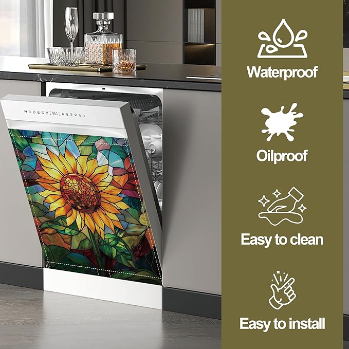 Magnetic Dishwasher Cover,Stained Glass Reusable Dishwasher Magnetic Cover Sunflower Colorful Decorative Door Covers Panel for Home Kitcen 23" x 26"