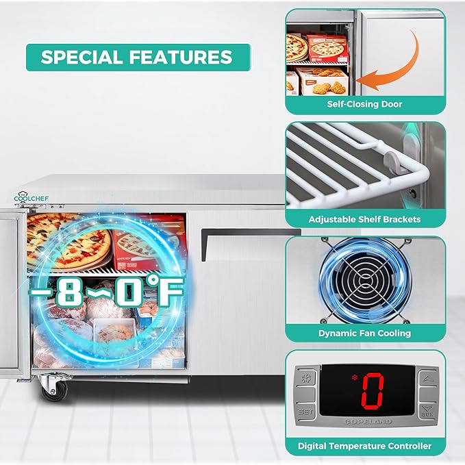 48" Commercial Double Door Worktop Freezer, 12.2 Cu.ft Stainless Steel Undercounter Freezer, -8–0°F, R290
