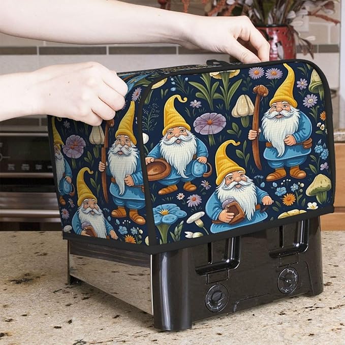 Toaster Cover 2 Slice Cute Gnomes Flower Mushroom Waterproof Appliance Cover with Hang Loop Bread Baker Toaster Cover for Kitchen