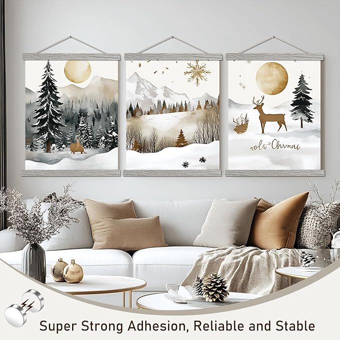 2 Pack Magnetic Poster Hanger Frame, 11x14 11x17 11x22 Light Wood Wooden Magnet Canvas Artwork Print Dowel Poster Hangers Frames Hanging Kit (Grey, 11", 2 Packs)