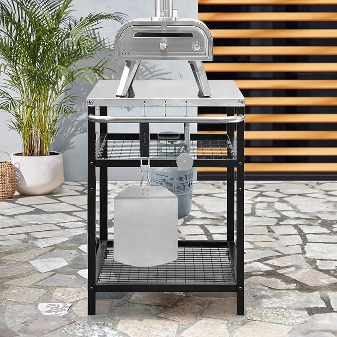 Stainless Steel Grill Cart Pizza Oven Stand Trolley Table with Wheels Pizza Cart Three-Shelf Movable Food Prep Work Dining Table with Double-Shelf Heavy Duty Outdoor 31.5" x 24 x 33.5