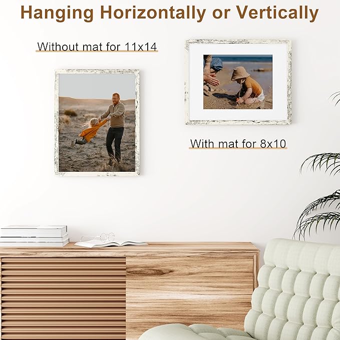 Vittanly 11x14 Picture Frame, Solid Wood Frame with Plexiglass, Includes 8x10 Mat, Wall Hanging for Photos, Home Decor, Distressed White, 1 Pack