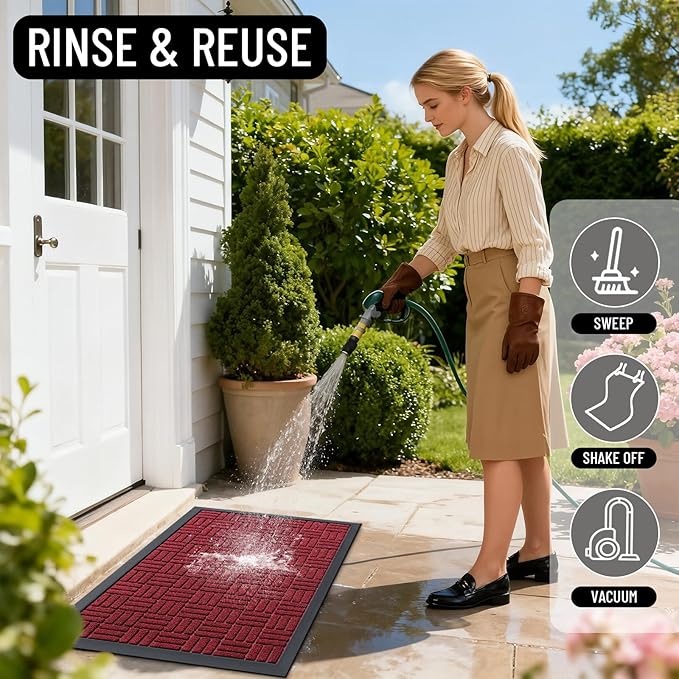 OLANLY Front Door Mat Outside Entrance 59x34, Absorbent, Heavy Duty Sturdy Natural Rubber Doormat Indoor Outdoor, Non-Slip, Stain and Fade Resistant, Low Profile Floor Mat for Entryway, Black Red