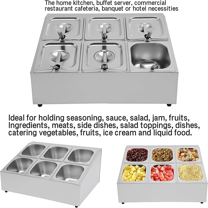 Pizza Topping Station Organizer Condiment Container Dispenser with 6 1/6 Pans& Lids, Stainless Steel Seasoning Food Containers Spice Rack Shelf Holder for Ingredients Sauce Salad Jam Fruits